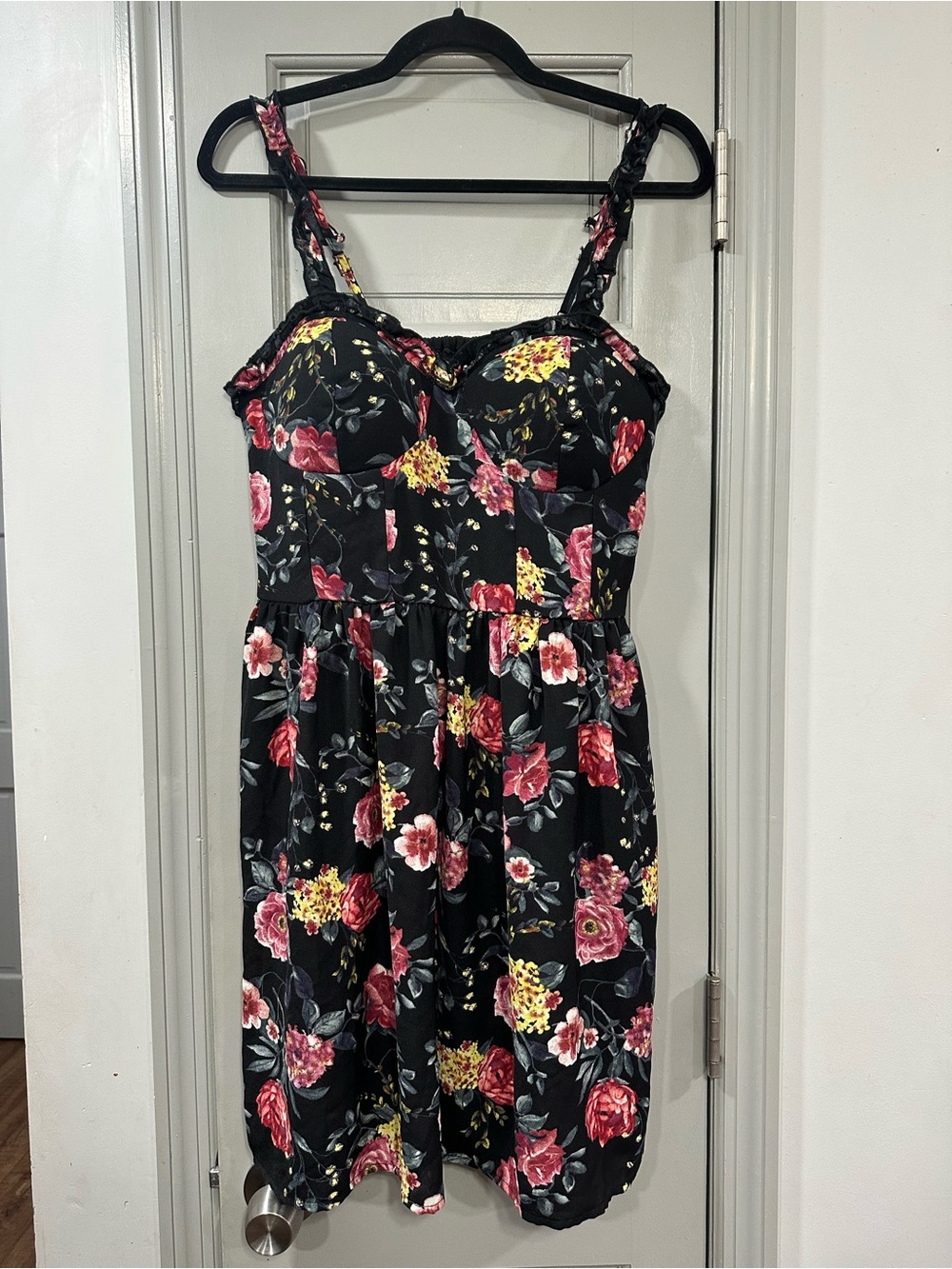 Xhilaration Black Floral Mini Dress with Pink & Yellow Blooms